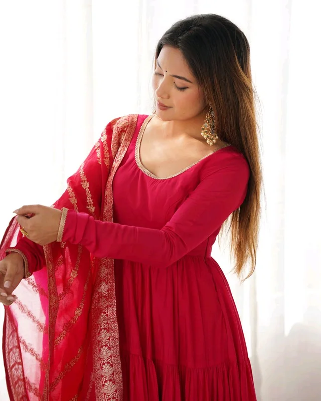 PURE SOFT FOX GEORGETTE FULL FLAIR LAYRED ANARKALI SET - Cardinal, M