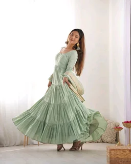 PURE SOFT FOX GEORGETTE FULL FLAIR LAYRED ANARKALI SET - Lemon Grass, M
