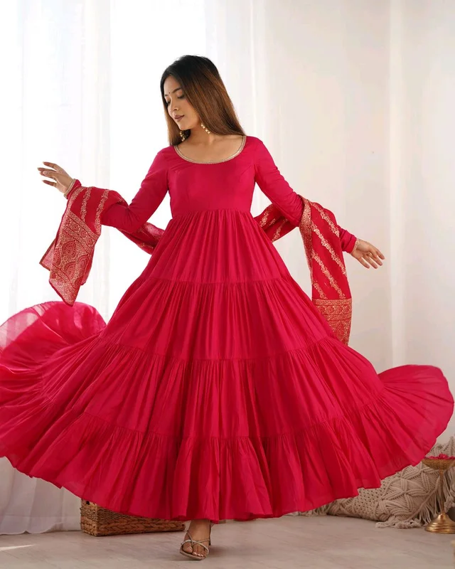 PURE SOFT FOX GEORGETTE FULL FLAIR LAYRED ANARKALI SET - Cardinal, S