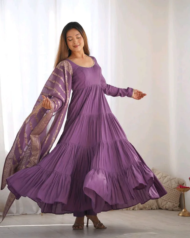 PURE SOFT FOX GEORGETTE FULL FLAIR LAYRED ANARKALI SET - Strikemaster, S