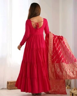 PURE SOFT FOX GEORGETTE FULL FLAIR LAYRED ANARKALI SET - Cardinal, XL