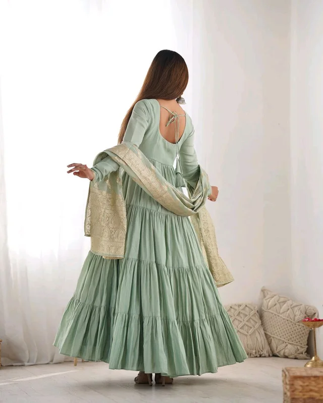 PURE SOFT FOX GEORGETTE FULL FLAIR LAYRED ANARKALI SET - Lemon Grass, XL