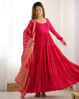 PURE SOFT FOX GEORGETTE FULL FLAIR LAYRED ANARKALI SET - Cardinal, XXL