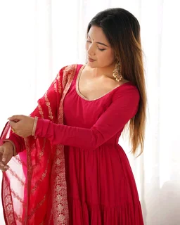 PURE SOFT FOX GEORGETTE FULL FLAIR LAYRED ANARKALI SET - Cardinal, XXL