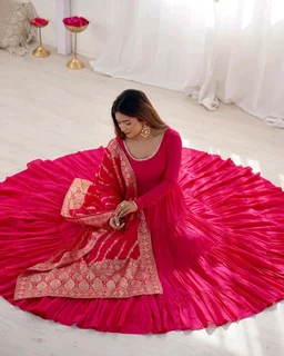 PURE SOFT FOX GEORGETTE FULL FLAIR LAYRED ANARKALI SET - Cardinal, XXL