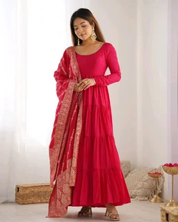 PURE SOFT FOX GEORGETTE FULL FLAIR LAYRED ANARKALI SET - Cardinal, Xs