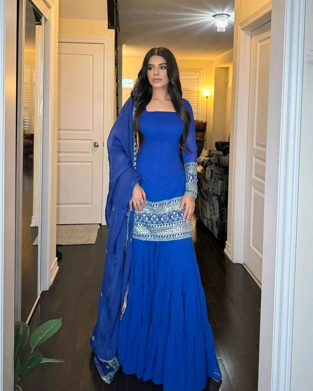 blue sharara dress Royal suit with dupatta Type:Romper - Long Sleeve Fully Stitched with Elastic TRANQUILITY DROP 3 Calvin Klein logo-neckline gathered-waist