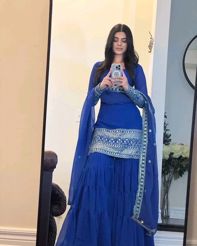 Royal blue sharara suit with dupatta - Klein Blue, M