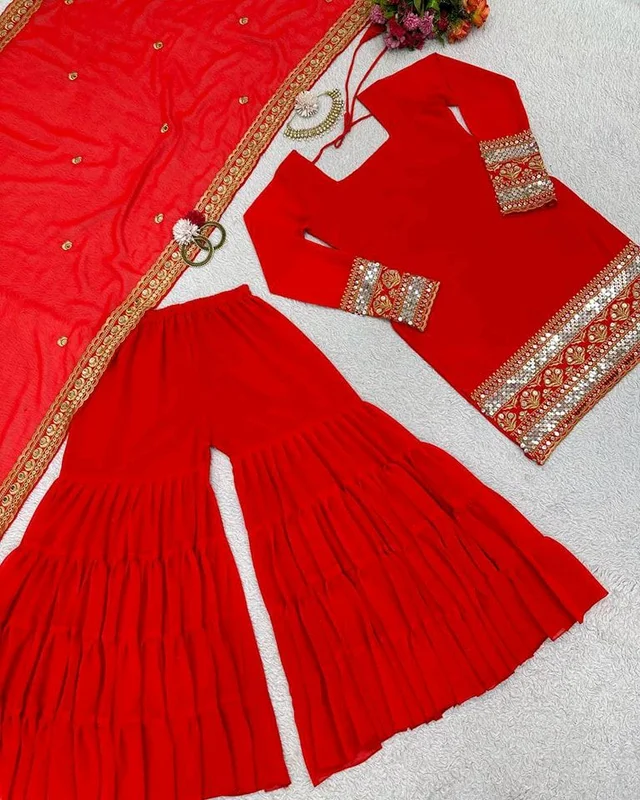 Royal blue sharara suit with dupatta - Guardsman Red, XL