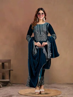 Women's Velvet Embroidered Maroon Straight Kurta Suit Set with Pant and Dupatta||Velvet Suit For Women||Velvet Kurta Set Women||Kurta Set For Women Winter - Daintree, L