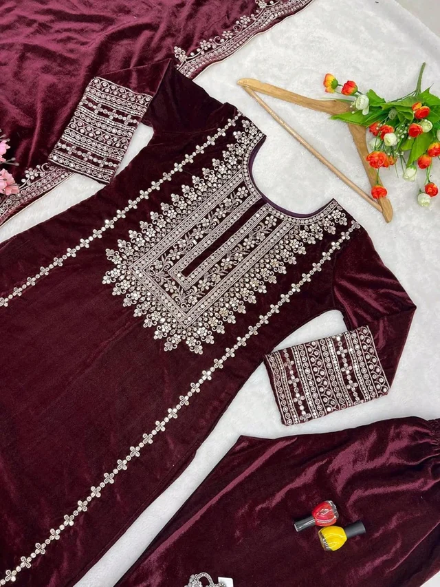 Women's Velvet Embroidered Maroon Straight Kurta Suit Set with Pant and Dupatta||Velvet Suit For Women||Velvet Kurta Set Women||Kurta Set For Women Winter - Temptress, L