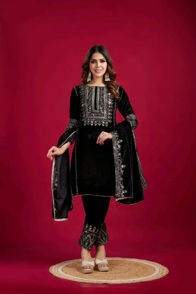 Women's Velvet Embroidered Maroon Straight Kurta Suit Set with Pant and Dupatta||Velvet Suit For Women||Velvet Kurta Set Women||Kurta Set For Women Winter - Black, L