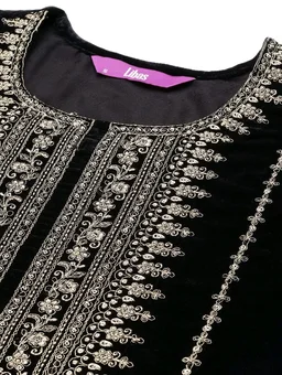 Women's Velvet Embroidered Maroon Straight Kurta Suit Set with Pant and Dupatta||Velvet Suit For Women||Velvet Kurta Set Women||Kurta Set For Women Winter - Black, L