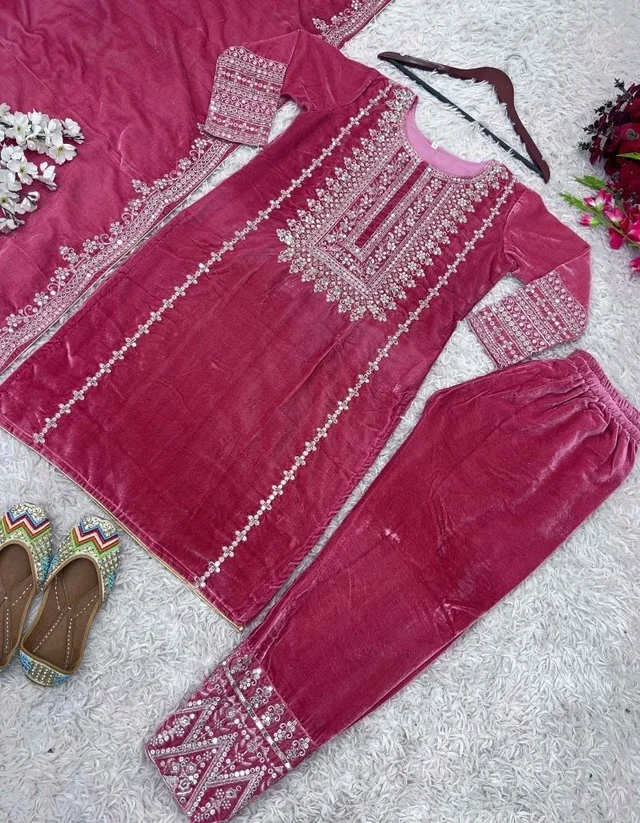 Women's Velvet Embroidered Maroon Straight Kurta Suit Set with Pant and Dupatta||Velvet Suit For Women||Velvet Kurta Set Women||Kurta Set For Women Winter - Hibiscus, L