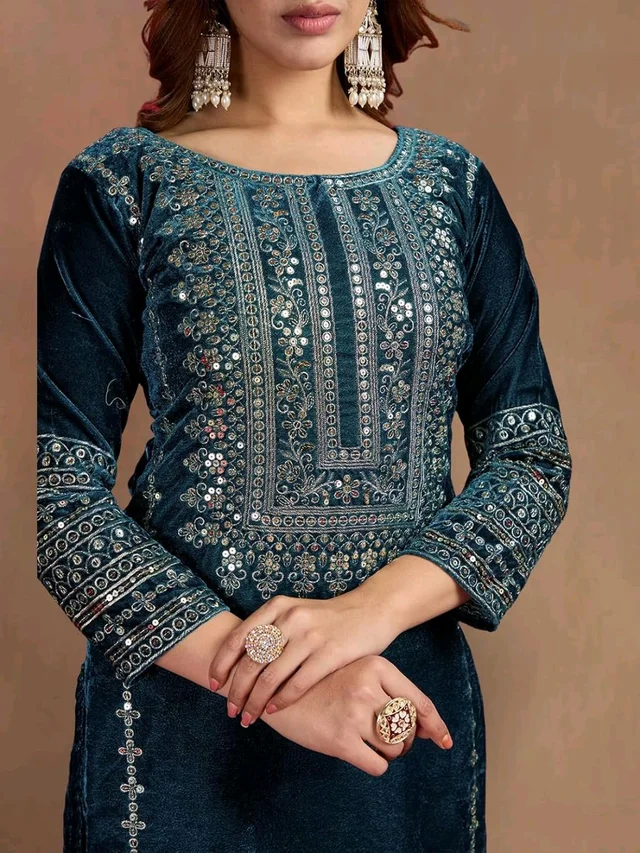 Women's Velvet Embroidered Maroon Straight Kurta Suit Set with Pant and Dupatta||Velvet Suit For Women||Velvet Kurta Set Women||Kurta Set For Women Winter - Daintree, M