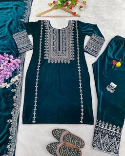 Women's Velvet Embroidered Maroon Straight Kurta Suit Set with Pant and Dupatta||Velvet Suit For Women||Velvet Kurta Set Women||Kurta Set For Women Winter - Daintree, M