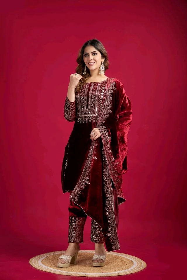 Women's Velvet Embroidered Maroon Straight Kurta Suit Set with Pant and Dupatta||Velvet Suit For Women||Velvet Kurta Set Women||Kurta Set For Women Winter - Temptress, M