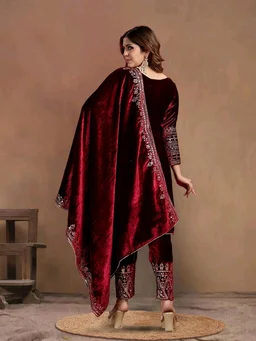 Women's Velvet Embroidered Maroon Straight Kurta Suit Set with Pant and Dupatta||Velvet Suit For Women||Velvet Kurta Set Women||Kurta Set For Women Winter - Temptress, M