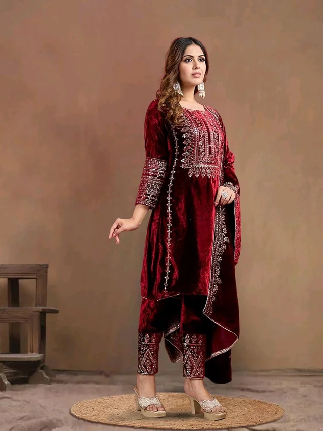 Women's Velvet Embroidered Maroon Straight Kurta Suit Set with Pant and Dupatta||Velvet Suit For Women||Velvet Kurta Set Women||Kurta Set For Women Winter - Temptress, M