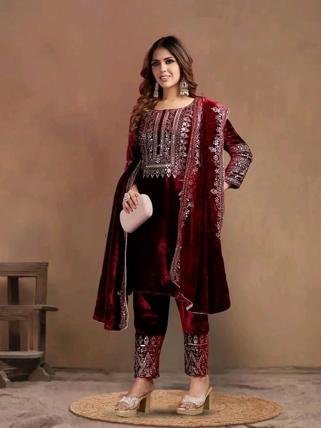 Women's Velvet Embroidered Maroon Straight Kurta Suit Set with Pant and Dupatta||Velvet Suit For Women||Velvet Kurta Set Women||Kurta Set For Women Winter - Temptress, M