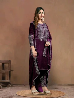 Women's Velvet Embroidered Maroon Straight Kurta Suit Set with Pant and Dupatta||Velvet Suit For Women||Velvet Kurta Set Women||Kurta Set For Women Winter - Melanzane, M
