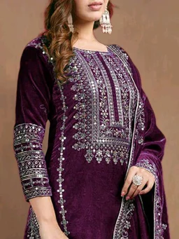Women's Velvet Embroidered Maroon Straight Kurta Suit Set with Pant and Dupatta||Velvet Suit For Women||Velvet Kurta Set Women||Kurta Set For Women Winter - Melanzane, M
