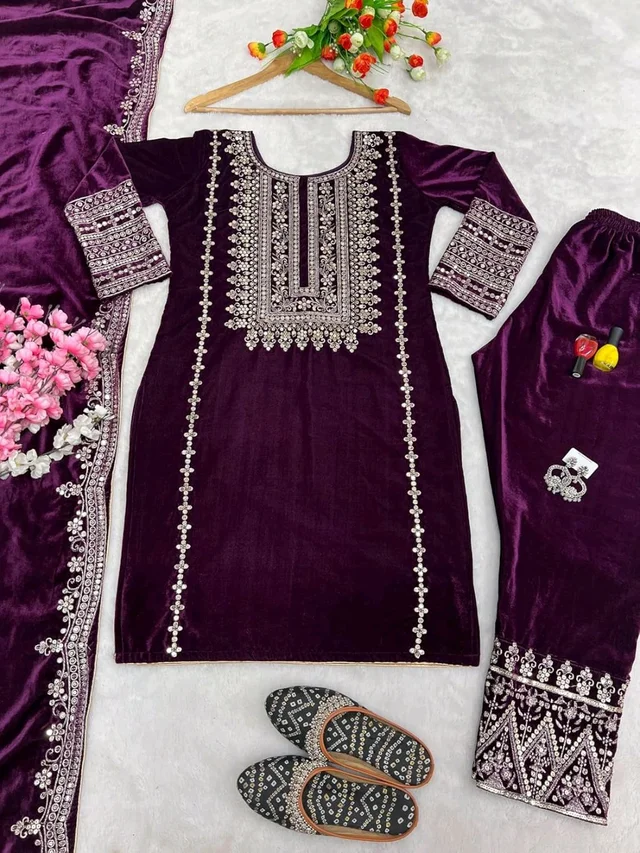 Women's Velvet Embroidered Maroon Straight Kurta Suit Set with Pant and Dupatta||Velvet Suit For Women||Velvet Kurta Set Women||Kurta Set For Women Winter - Melanzane, M