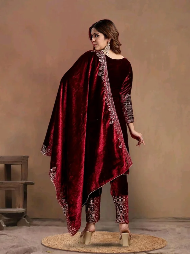 Women's Velvet Embroidered Maroon Straight Kurta Suit Set with Pant and Dupatta||Velvet Suit For Women||Velvet Kurta Set Women||Kurta Set For Women Winter - Temptress, XL