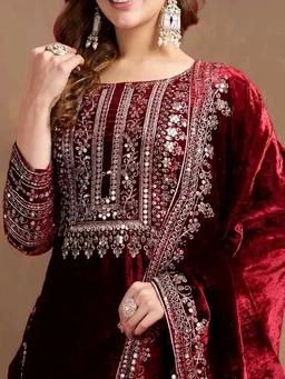 Women's Velvet Embroidered Maroon Straight Kurta Suit Set with Pant and Dupatta||Velvet Suit For Women||Velvet Kurta Set Women||Kurta Set For Women Winter - Temptress, XL