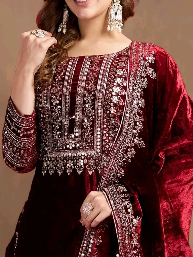 Women's Velvet Embroidered Maroon Straight Kurta Suit Set with Pant and Dupatta||Velvet Suit For Women||Velvet Kurta Set Women||Kurta Set For Women Winter - Temptress, XL