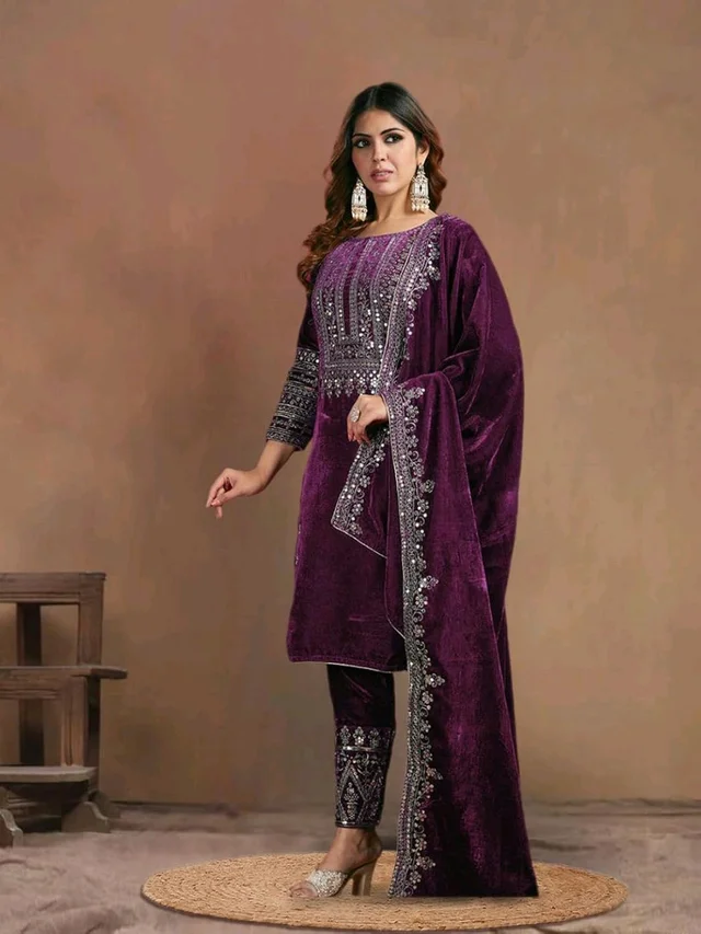 Women's Velvet Embroidered Maroon Straight Kurta Suit Set with Pant and Dupatta||Velvet Suit For Women||Velvet Kurta Set Women||Kurta Set For Women Winter - Melanzane, XL