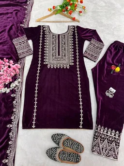 Women's Velvet Embroidered Maroon Straight Kurta Suit Set with Pant and Dupatta||Velvet Suit For Women||Velvet Kurta Set Women||Kurta Set For Women Winter - Melanzane, XL