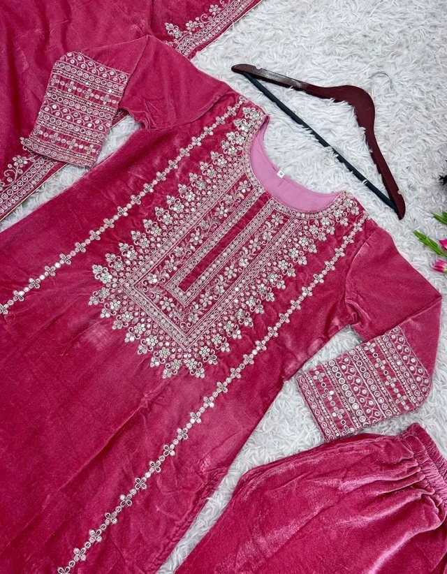 Women's Velvet Embroidered Maroon Straight Kurta Suit Set with Pant and Dupatta||Velvet Suit For Women||Velvet Kurta Set Women||Kurta Set For Women Winter - Hibiscus, XL