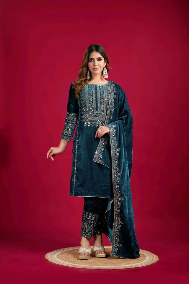Women's Velvet Embroidered Maroon Straight Kurta Suit Set with Pant and Dupatta||Velvet Suit For Women||Velvet Kurta Set Women||Kurta Set For Women Winter - Daintree, XXL