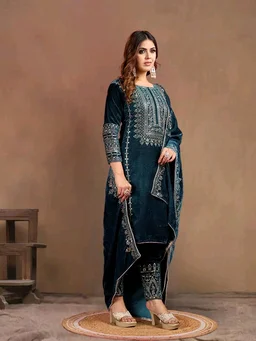 Women's Velvet Embroidered Maroon Straight Kurta Suit Set with Pant and Dupatta||Velvet Suit For Women||Velvet Kurta Set Women||Kurta Set For Women Winter - Daintree, XXL