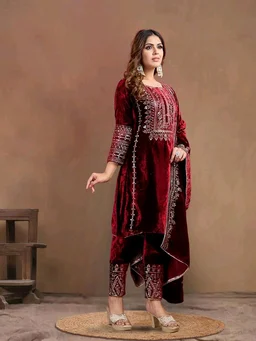 Women's Velvet Embroidered Maroon Straight Kurta Suit Set with Pant and Dupatta||Velvet Suit For Women||Velvet Kurta Set Women||Kurta Set For Women Winter - Temptress, XXL