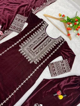 Women's Velvet Embroidered Maroon Straight Kurta Suit Set with Pant and Dupatta||Velvet Suit For Women||Velvet Kurta Set Women||Kurta Set For Women Winter - Temptress, XXL
