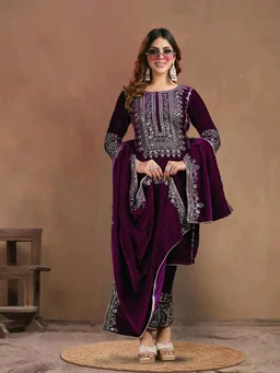 Women's Velvet Embroidered Maroon Straight Kurta Suit Set with Pant and Dupatta||Velvet Suit For Women||Velvet Kurta Set Women||Kurta Set For Women Winter - Melanzane, XXL