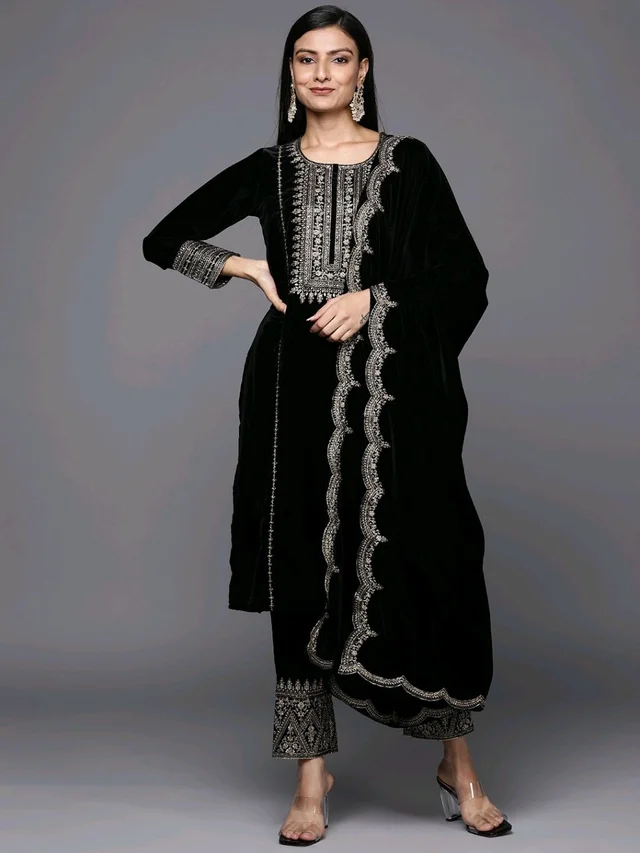 Women's Velvet Embroidered Maroon Straight Kurta Suit Set with Pant and Dupatta||Velvet Suit For Women||Velvet Kurta Set Women||Kurta Set For Women Winter - Black, XXL