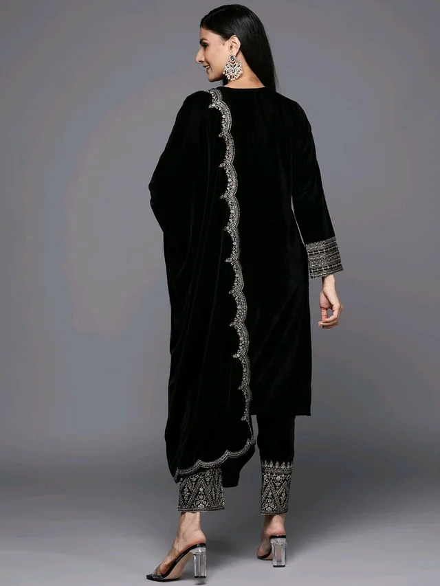 Women's Velvet Embroidered Maroon Straight Kurta Suit Set with Pant and Dupatta||Velvet Suit For Women||Velvet Kurta Set Women||Kurta Set For Women Winter - Black, XXL