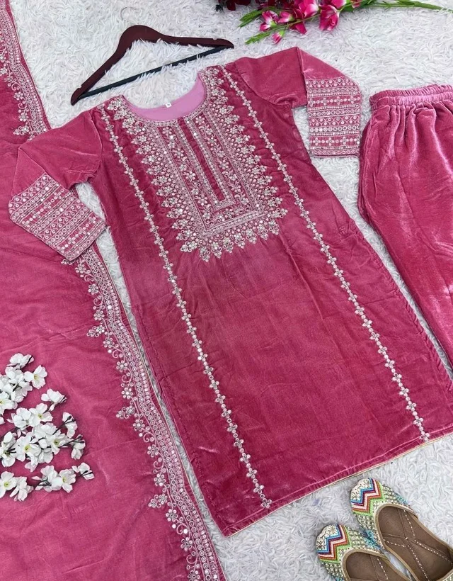 Women's Velvet Embroidered Maroon Straight Kurta Suit Set with Pant and Dupatta||Velvet Suit For Women||Velvet Kurta Set Women||Kurta Set For Women Winter - Hibiscus, XXL