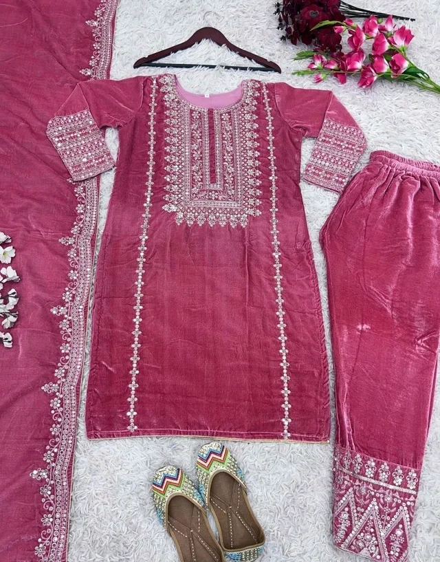 Women's Velvet Embroidered Maroon Straight Kurta Suit Set with Pant and Dupatta||Velvet Suit For Women||Velvet Kurta Set Women||Kurta Set For Women Winter - Hibiscus, XXL
