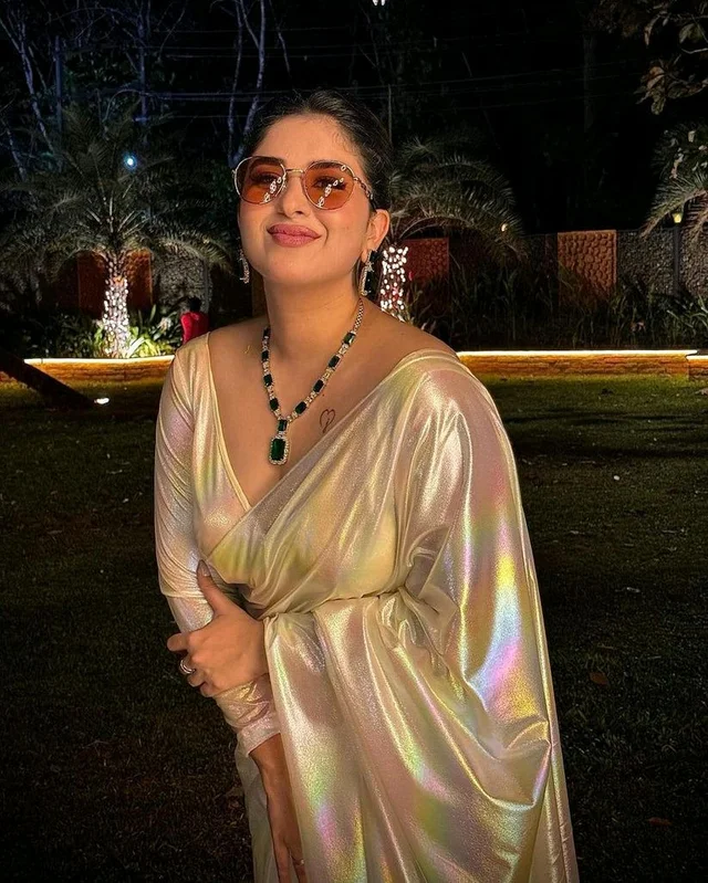 Metallic Glow Saree - Changing Colors at Every Curve - Tan, Free Size