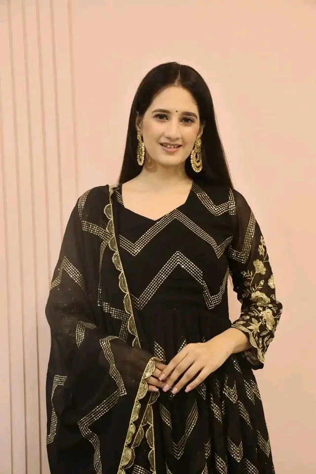 Peaceful Black Color Georgette Sequence Embroidery Gown - Black, L