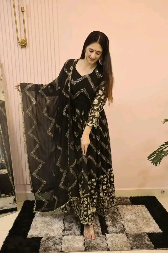 Peaceful Black Color Georgette Sequence Embroidery Gown - Black, L