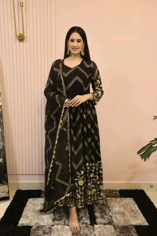 Peaceful Black Color Georgette Sequence Embroidery Gown - Black, M