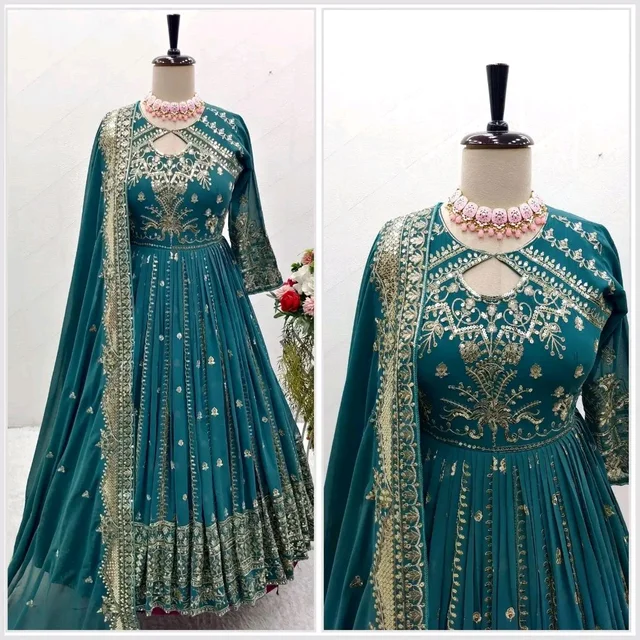 Designer Teal Blue Color Heavy Work Anarkali Gown - Surfie Green, L