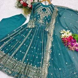 Designer Teal Blue Color Heavy Work Anarkali Gown - Surfie Green, L