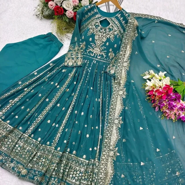 Designer Teal Blue Color Heavy Work Anarkali Gown - Surfie Green, L