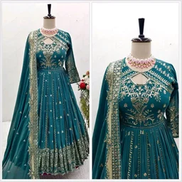 Designer Teal Blue Color Heavy Work Anarkali Gown - Surfie Green, L